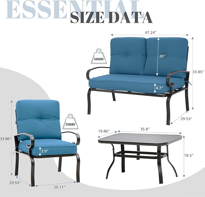 Incbruce 4Pcs Outdoor Metal Furniture Sets Wrought Iron Patio Furniture Conversation Set (Loveseat, Coffee Table, 2 Chairs) - Steel Frame Patio Seating Set with Peacock Blue Cushions