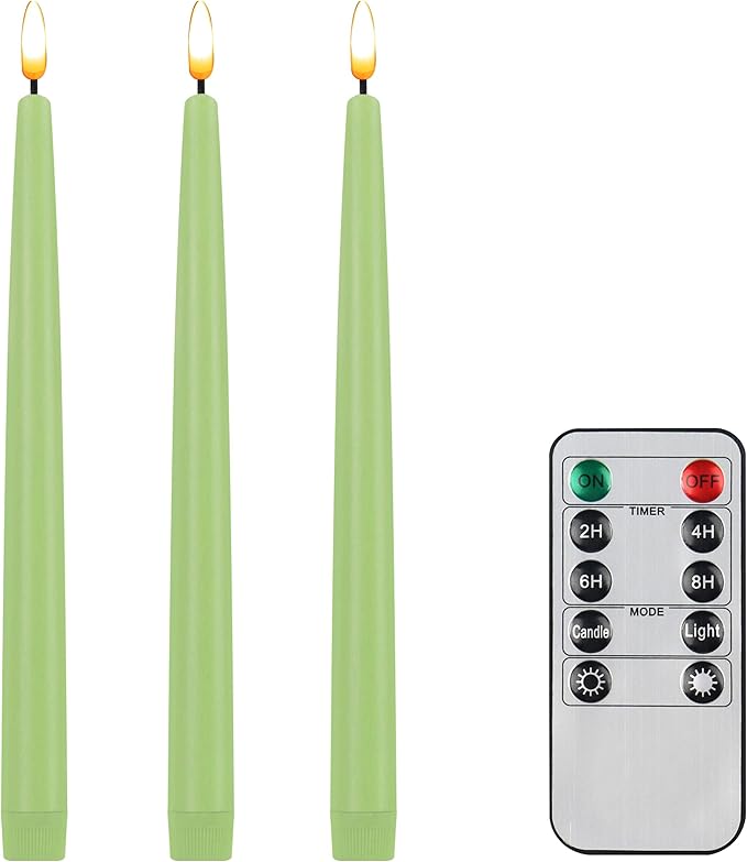 CVHOMEDECO. Flameless Taper Candles with 10-Key Remote, Battery Operated Led Flickering 3D Wick Window Candles Real Wax Finished Home Christmas Party Decor 0.78 x 11 Inch, Pack of 3, Light Green