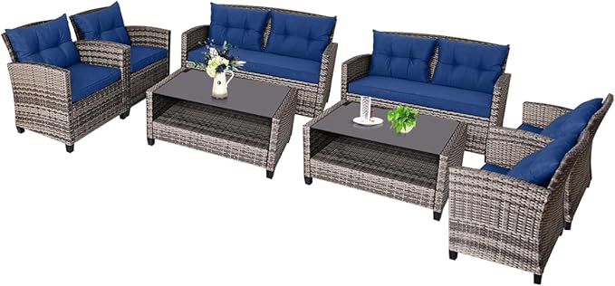 Tangkula 8 PCS Patio Wicker Conversation Furniture Set, Outdoor Rattan Sofa Set with Padded Cushion & Tempered Glass Coffee Table, Wicker Sectional Sofas & Table for Courtyard Balcony Garden (2, Navy)