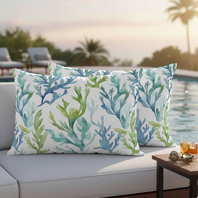 JasmineM Outdoor Pillow Cover 12x20 Inches Set of 2 Blue Teal Coral Waterproof Throw Pillow Covers Watercolor Green Decorative Pillowcases Garden Cushion Case for Patio Couch Sofa