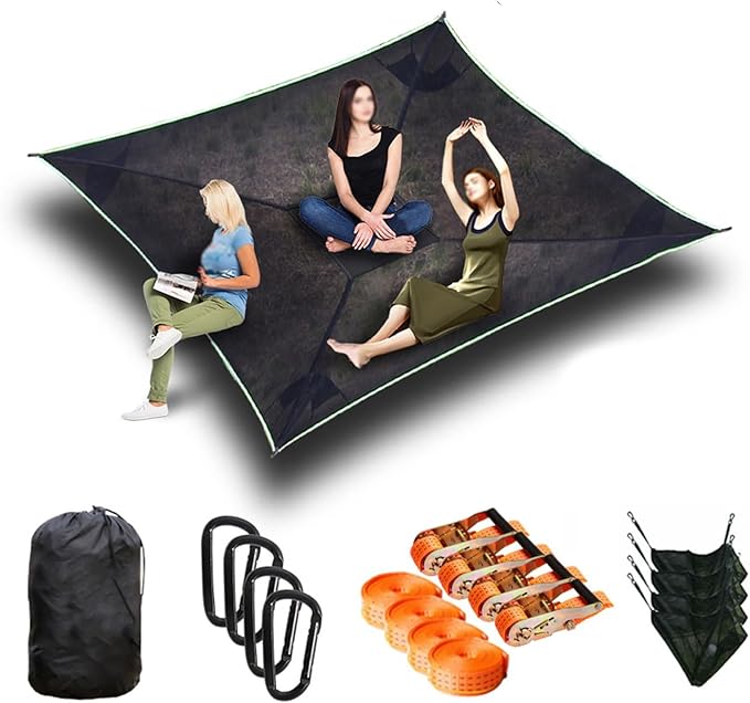 Outdoor Camping Hammock, 13ft Square Hammock Max 550 Lbs for 2-5 Adults Kids, Multi Person Tree Hammock with 4 Ratchet Tie Down Straps & Net Pocket