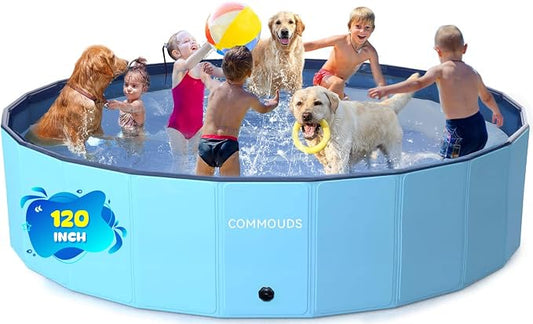 COMMOUDS 120 Inch Extra Large Foldable Dog Pool, Collapsible Hard Plastic Dog Kiddie Family Swimming Pool, Portable Pet Bath Tub Wading Pools for Kids and Puppy Small Medium Large Dogs
