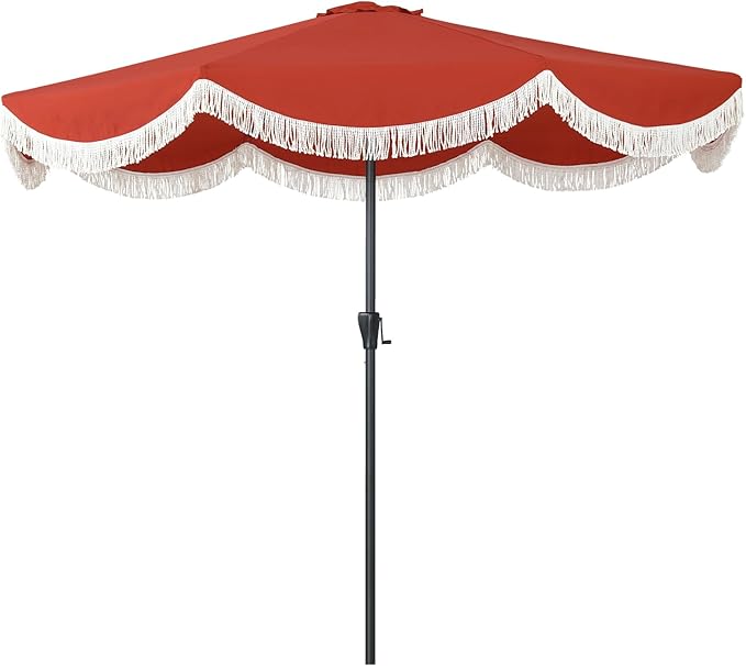 Tempera 9ft Red Scalloped Patio Umbrella with Fringe,UV Protection Fade Resistant Canopy, 8 Sturdy Ribs, Outdoor Table Umbrella with Crank Tilt for Lawn, Pool, Deck, Balcony