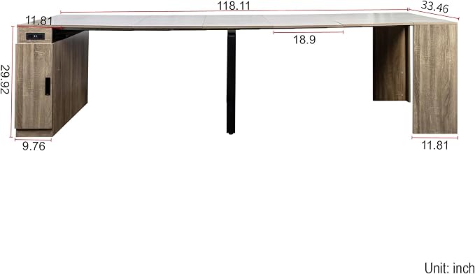 23.62”-118.11” Extendable Dining Room Table, 1-10 People Wood Long Foldable Tables with Storage Cabinet & Outlet, Space Saving Expanding Table with for Kitchen, Living Room, Party, Brown