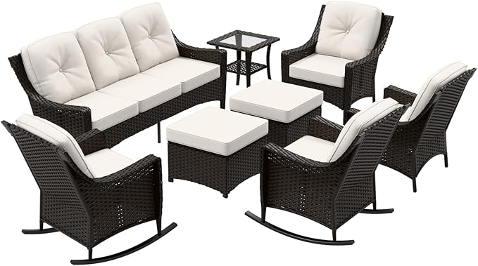 Stone Creek Outdoor Furniture Set with Rocking Chairs, Patio Chairs, 3 Seater Couch, Side Table & Ottomans, Wicker Patio Conversation Set, Balcony Furniture, 8 Piece, Brown/Beige