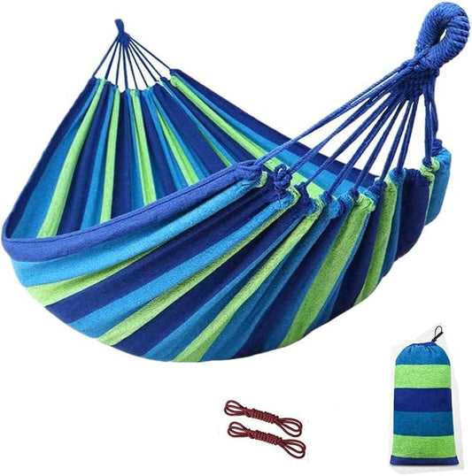Portable Cotton Hammock, Suitable for Hanging Durable hammocks, Perfect for Camping Outdoor/Indoor Backyard, with Hanging Ropes and Carrying Bags (Blue, Large)
