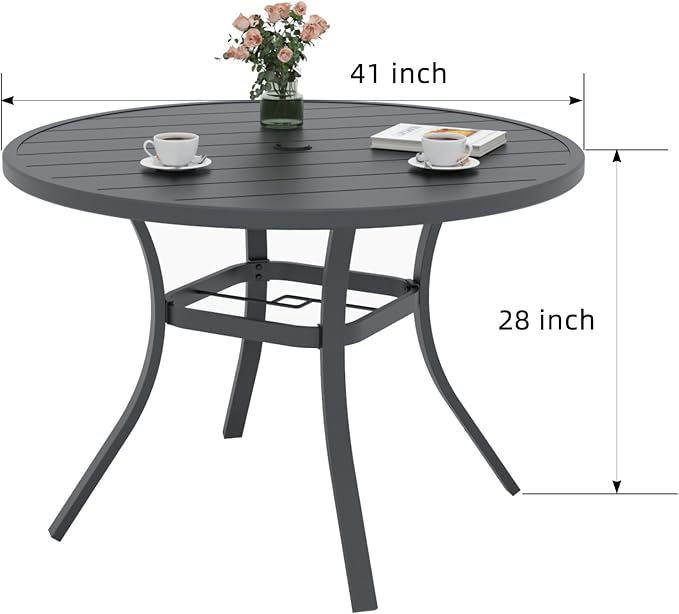 Patio 41" Round Table and Navy Blue Swivel Chairs Outdoor Dining Set 5 Sty1 | 41 inch Metal Round Table; 4 Piece Swivel Chairs: High Back, Curved Armrest, Textilene Fabric, Rocking; All Weather