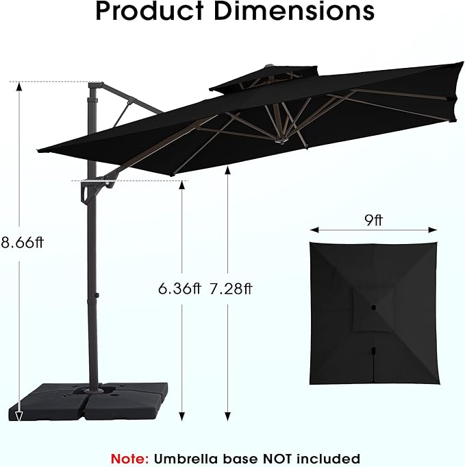 JEAREY 9ft 2-Tier Cantilever Patio Umbrella, Large Square Outdoor Offset Umbrella with Double Top Vent and 360-degree Rotation for Garden, Deck, Pool, Patio, Black