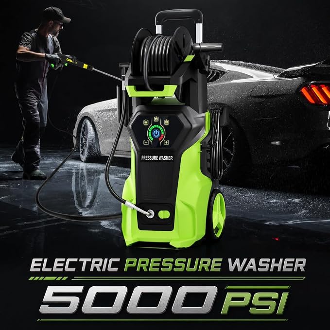 𝟓𝟎𝟎𝟎𝐏𝐒𝐈 𝐏𝐫𝐞𝐬𝐬𝐮𝐫𝐞 𝐖𝐚𝐬𝐡𝐞𝐫 Cleaner, Portable Car Washer with 4 Quick Connect Nozzles, Foam Cannon (Green)