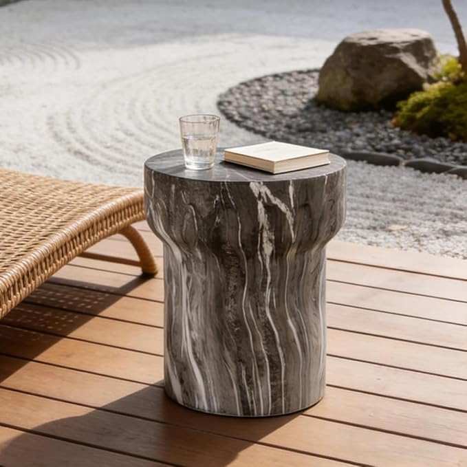 Outdoor Side Table Round Faux Marble Side Table Barrel End Tables Cement Accent Tables Patio Small Cofee Table Garden Stool for Porch, Backyard Balcony,15.55",Grey, Weather Resistant, MgO