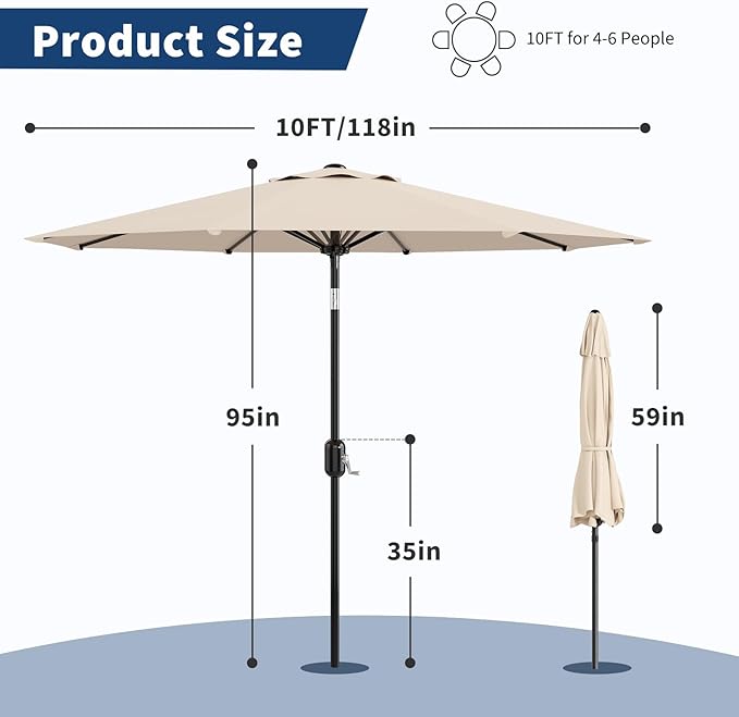 Garvee 10FT Patio Umbrella - Outdoor Table Umbrella with Crank Lift & Push Button Tilt - Market Umbrella 8 Sturdy Ribs UV Protection for Pool, Deck, Yard, Garden - Light Beige