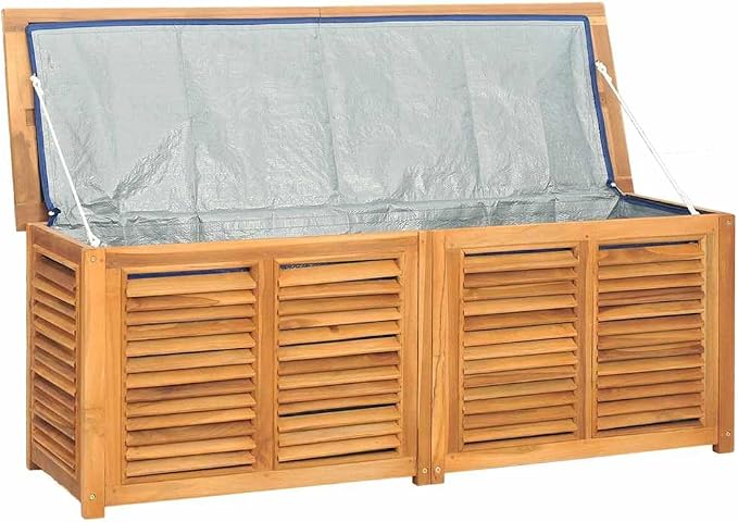 Teak Wood Garden Storage Box with Louvered Doors 59.1 x 19.7 x 21.7 Inches Outdoor Storage Cabinet for Patio Garden and Pool Area