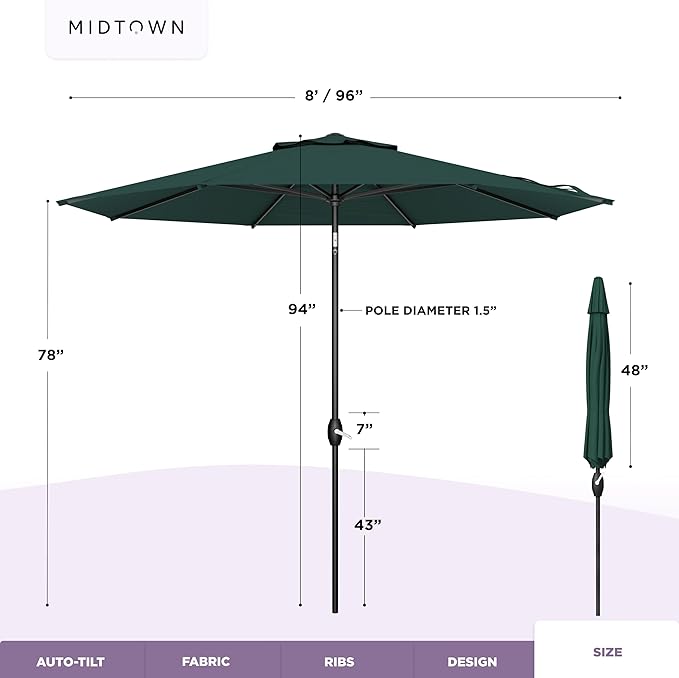 Midtown Umbrellas - 10-Year-No-Fade 8 Ft Patio Umbrella with Terylast Fabric, Auto-Tilt Aluminum Frame and 8 Reinforced Ribs for Deck, Pool, Garden & Beach - Forest Green Canopy, Black Pole