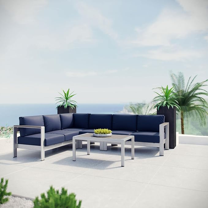 Modway Shore 5-Piece Aluminum Outdoor Patio Sectional Sofa Set in Silver Navy
