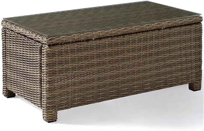 Pemberly Row 40" Glass Top Patio Coffee Table, Brown Finish, Durable Steel Frame with PE Wicker, UV-Resistant Outdoor Resin, Weather-Resistant Design, Stylish Addition to Backyard or Patio
