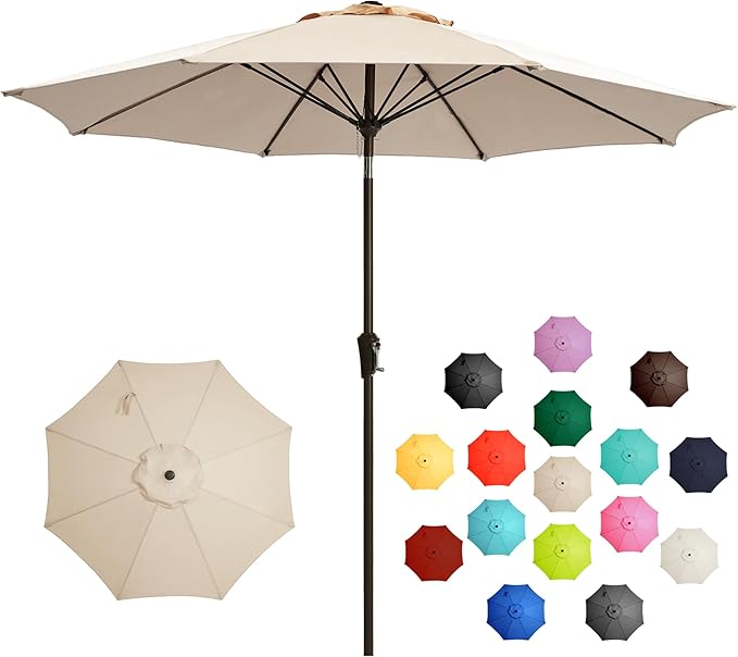 LOUNZY 9FT Large Outdoor Patio Umbrella Table Umbrella-UV Resistant,Easy Push Button Tilt and Crank,8 Sturdy Fiberglass Ribs Pool Umbrella for Patio,Backyard,Deck,Yard,Market
