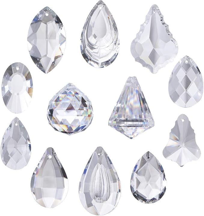 12 Pcs Clear Crystal Prism Pendants Chandelier Lamp Parts Suncatcher Decor | Clear Prism Pendants Chandelier Lamp Lighting Drops Suncatcher Hanging Ornaments for Window Garden Home Office Wedding Decor
