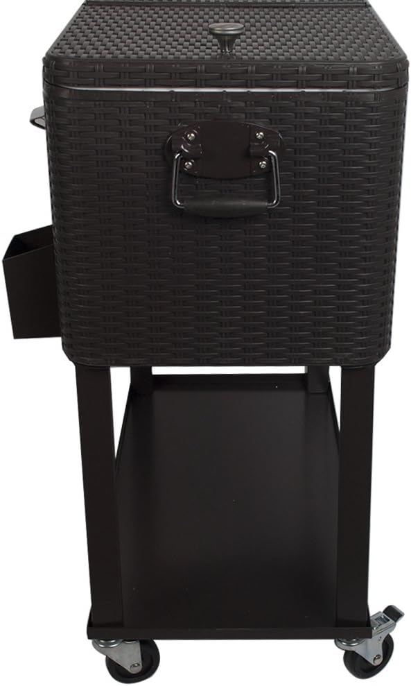 HIO 80 Qt Outdoor Patio Cooler Table On Wheels, with Shelf, Dark Brown Wicker