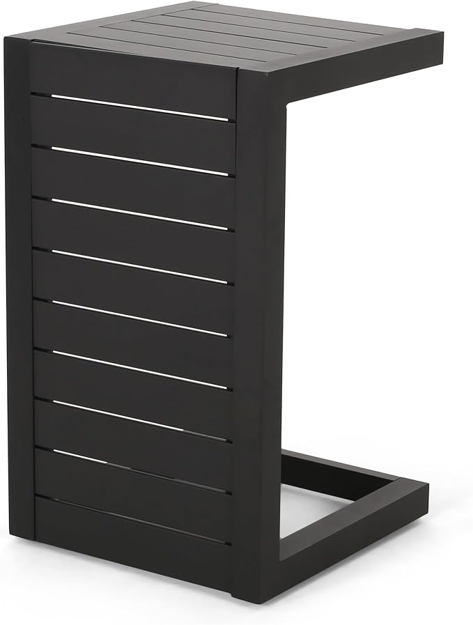 C-Shaped Outdoor Side Table for Lounge Chair Relaxing: Slide Under Design Keeps Drinks & Phone at Hand - No Leg Room Lost - Rust-Resistant Aluminum Frame - 165 lbs Capacity - Matte Black