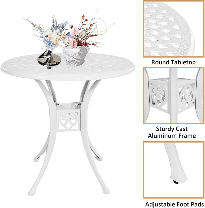 30 inches Patio Table with Umbrella Hole, Round Cast Aluminum Bistro Table for Porch Backyard, White