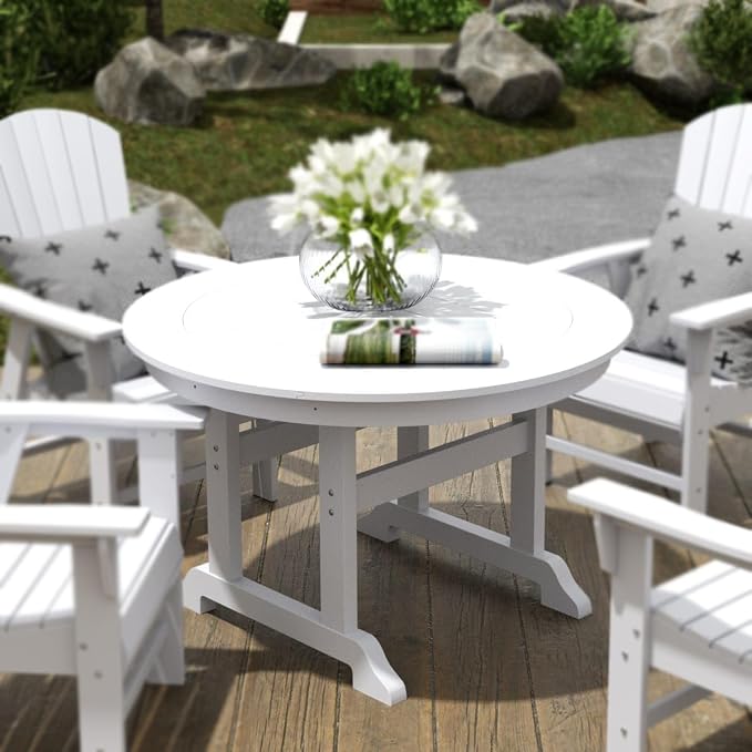 WestinTrends Malibu Patio Dining Table, All Weather Poly Lumber Adirondack 47" Trestle Round Outdoor Table with Umbrella Hole, White