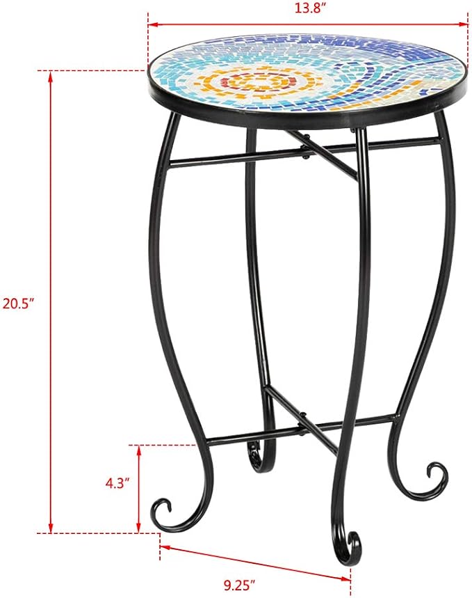 Outdoor Round Side Table,Mosaic Accent Table Plant Stand Decor,End Table for Patio Porch Beach Pool Indoor Outdoor Coffee (Sun Mosaic)