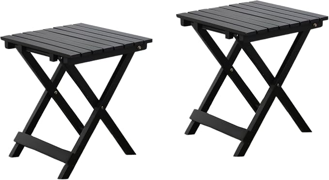Outdoor Small Table Square Folding Wooden Patio Side Table Set of 2 Furniture Table for Adirondack Chair, Balcony, Porch, No Assembly Required, Black