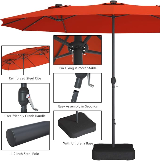 Tangkula 15 Ft Solar Patio Umbrella with Base, Extra Large Outdoor Double-Sided Twin Umbrella with 36 LED Lights & Crank Handle for Garden, Deck, Poolside, Patio (Orange)