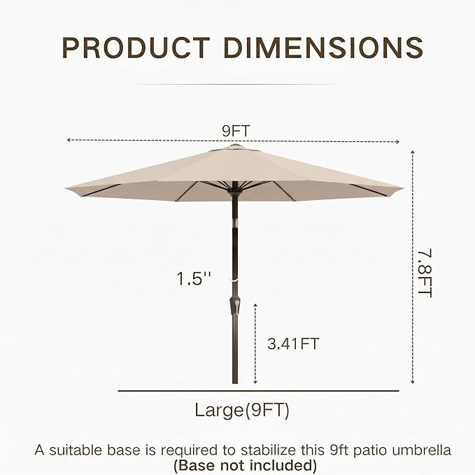 Kingdura 9FT Outdoor Patio Umbrella with Solar Lights, Market Table Umbrella with Push Button Tilt & Crank, 8 Sturdy Ribs, 32 LED Lights, UV Protection for Garden Lawn Deck Backyard Pool (Beige)