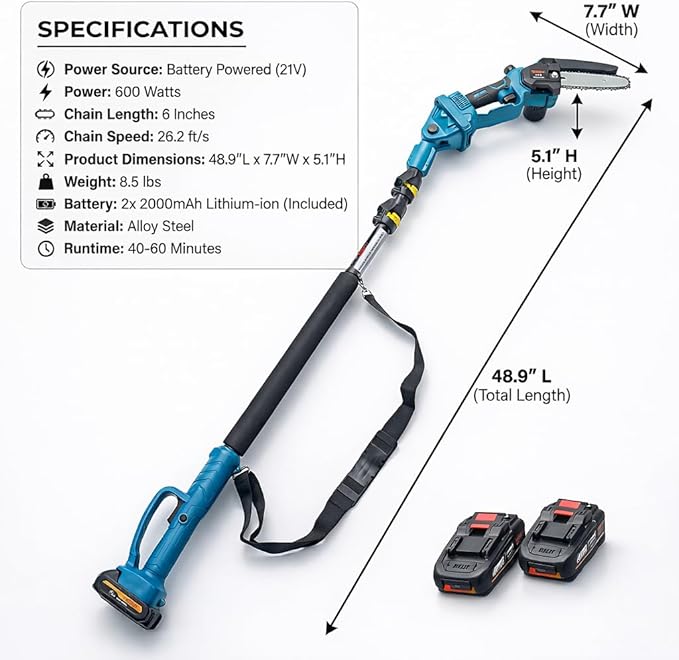 6 Inch Mini Chainsaw Cordless with Extension Pole, Portable Electric Pole Chainsaw with 2 Batteries and 2 Chains, Detachable Pole Handheld Chainsaw for Tree Trimming, Wood Cutting