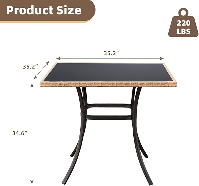 35.2-Inch Square Outdoor Dining Table, Weather-Resistant Rattan & Steel Frame with Tempered Glass Top, 4-Person Patio Furniture for Garden, Balcony, Backyard, Modern Black Bistro Table(Only Table)
