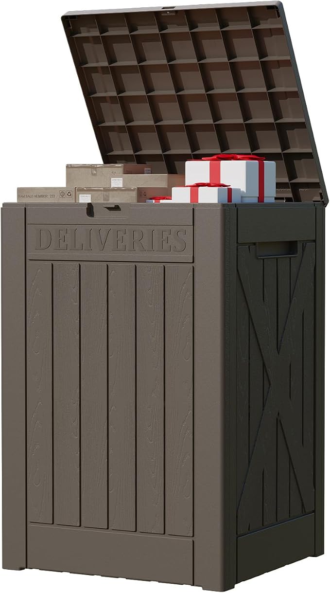Patiowell 48-Gallon Resin Package Delivery Box for Outside, Waterproof Storage Deck Box with Lockable Secure (Brown)