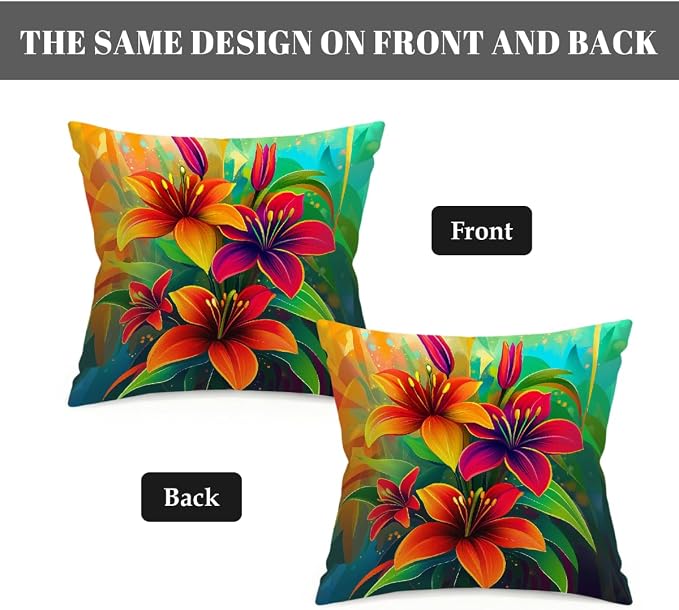22x22 Inch Outdoor Pillow Covers Set of 2 Waterproof Throw Pillow Covers Decorative Couch Cushion Covers Neon Orange Green Flowers Square Pillowcases Protectors for Patio Garden Sofa