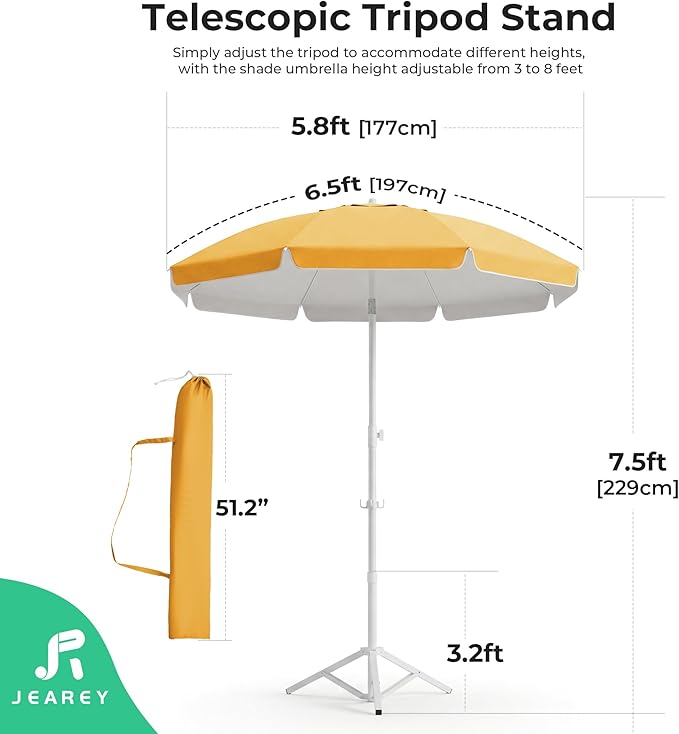 JEAREY 6.5ft Sun Shade Umbrellas, Portable Umbrella with Stand, Lightweight Sun Protection Free Standing Sport Umbrella for Outdoor Sports, Camping, Fishing, Patio, Beach, Yellow