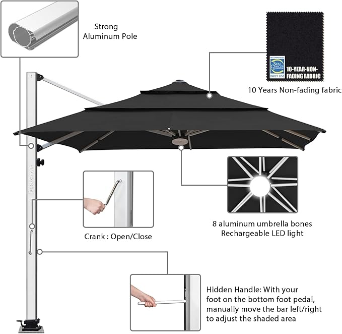 EliteShade USA APOLLO 3-Tier 10x10FT Full Aluminum Cantilever Patio Umbrella for Outdoor restaurant Garden Courtyard Deck Pool and Marketing with Light,Black