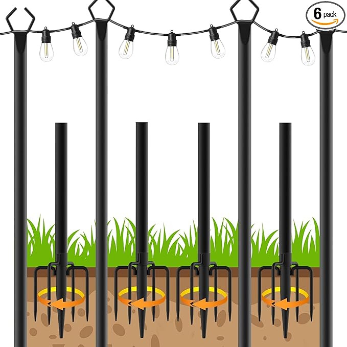 AHRLHR 6 Pack String Light Poles,Poles for Outdoor String lights10 Ft Metal Poles with Fork for Outdoor String Lights,Outdoor Light Poles with Fork,Patio,Deck,Backyard