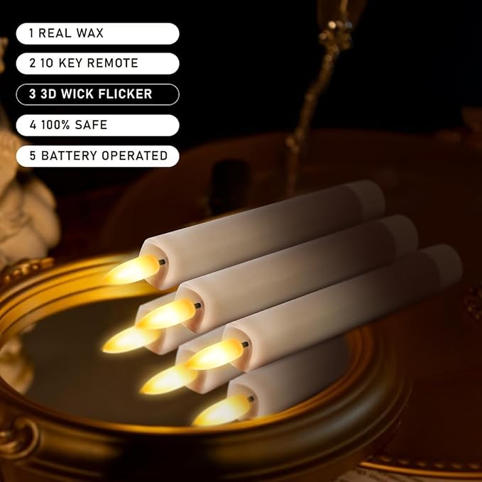 KSWING Upgraded Real Wax Short LED Flameless Taper Candles with Remote, 6 PCS Mushroom Beige Candlesticks Battery Operated 3D Flickering for Home/Wedding/Fireplace Xmas Decor