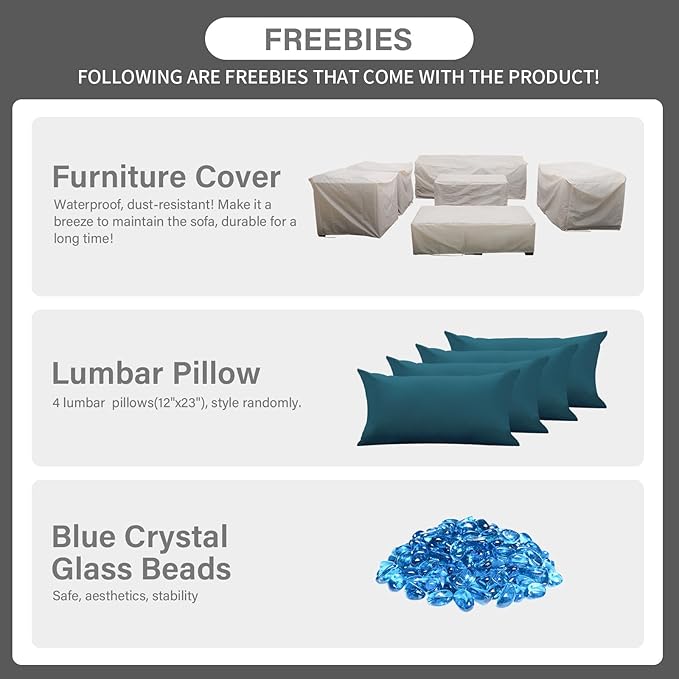 Patio Furniture Set 45-Inch Outdoor Fire Pits 7 PCS Outdoor Furniture Sets Patio Couch Outdoor Chairs 60000BTU Outdoor Propane Fire Pit Table No-Slip Cushions and Waterproof Covers, Peacock Blue