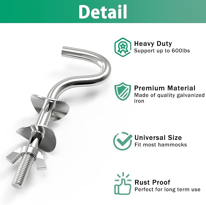 Zinc Heavy Duty Replacement Hooks Fit 3/8 Inch Holding Hammock Hooks for 1-1/4 to 2 Inch Long Hole on Hammock Stand (4 Pcs)