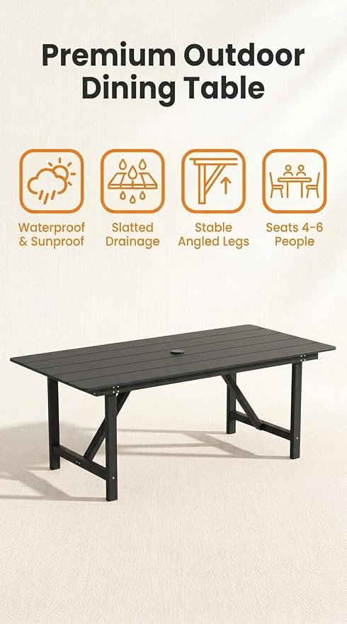 Amopatio HDPE Patio Outdoor Dining Table for 6 All Weather Rectangular Table with Umbrella Hole for Porch Deck Garden Backyard Poolside