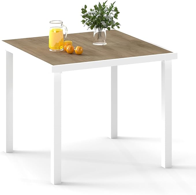 Iron Outdoor Anti-Corrosion Wood-Plastic Dining Table -All-Weather Exposed Square Table Waterproof and Rust-Proof Courtyard-Style Coffee Table Garden/Balcony/Poolside,White 1 Pcs