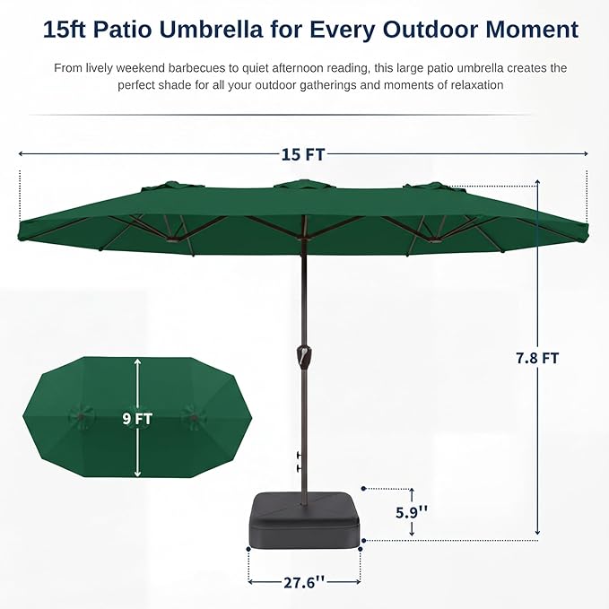 15FT Large Patio Umbrella with Base, Double Sided Rectangular Outdoor Umbrella with Sturdy Fiberglass Ribs, UPF 50+ Sun Protection, Wind-Resistant, Waterproof Fade-Resistant Fabric for Pool, Garden, Backyard, Deck(Dark Green)
