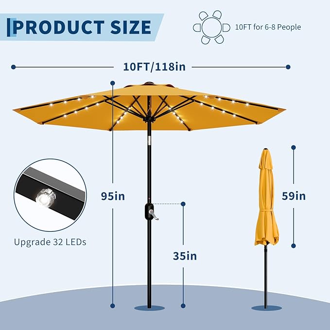 Garvee 9/10 FT Solar Patio Umbrella with 32 LED Lights - Outdoor Table Umbrella with Crank Lift, Push Button Tilt and 8 Sturdy Ribs - Market Umbrella UV Protection for Pool, Deck, Yard, Garden