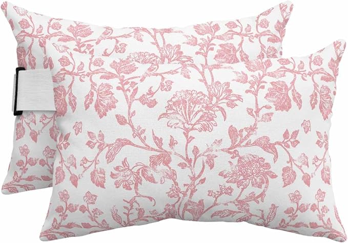 Pack of 2 Outdoor Lumbar Pillow Covers 12x20 Inch, Coral Red Flower Waterproof Throw Pillow Covers Set, Vintage Farmhouse Boho Leaf Spring Indoor&Outdoor Decorative Cushion Cases for Patio Porch Beach