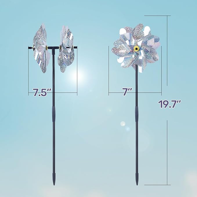 BATTIFE Preassembled Reflective Pinwheels for Yard & Garden, Silver, 6 Pack | Double-side Spinner,Sparkly Material, Spins Best in Steady Wind, Animal-Deterrent Results Vary by Placement and Conditions