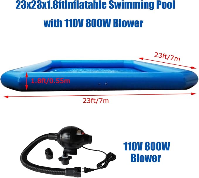 INTBUYING Inflatable Water Pool 23x23x1.8ft PVC Inflatable Swimming Pool for Play Water Walking Ball Wading Pool with 800W Blower for Family Summer Outdoor Garden Water Play