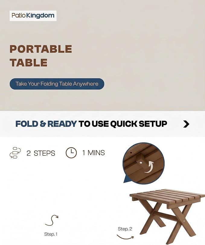 Outdoor Folding Side Table, Lightweight & Space-Saving Design, All-Weather HDPE Material, Realistic Wood-Grain Finish(Teak,1 Table)