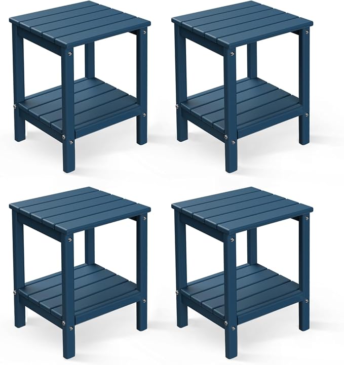 GREENVINES Adirondack-Outdoor-Side-Table | Set of 4 | 14 x 13 Inches | HDPE Plastic | All Weather | Blue | Outside End Tables | Storage Shelf | for Patio Porch Backyard Indoor