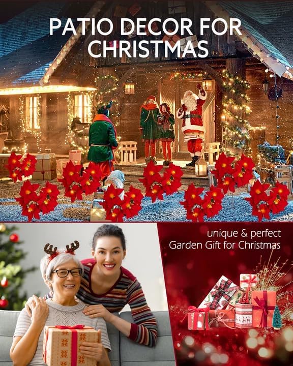 Solar Christmas Flower Lights-IP65 Waterproof XS Pathway Lights,Outdoor Christmas Decorations with 7 Bouquets/1 Stake,Unique Flower Design Complement the Christmas Trees for Garden/Yard/Patio,4 Packs