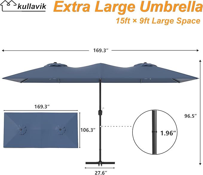 Kullavik 15FT Outdoor Patio Umbrella,Large Umbrella with 10 Heavy iron rib,sun umbrella with Crank Handle,Parasol for Poolside,Beach,Backyard,Navy Blue